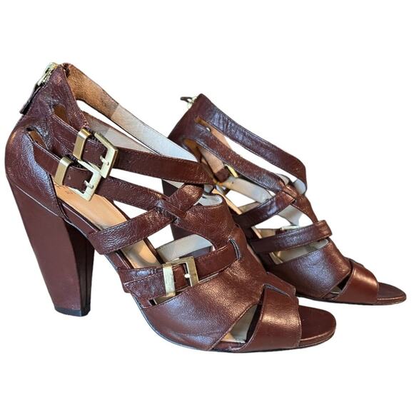 00s Saks Fifth Avenue LYLE Leather Strappy Heel Sandals Sz 8 Brown Classy Preppy - Picture 1 of 11